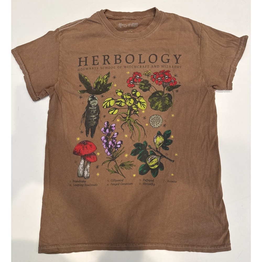 Harry Potter Men Graphic T Shirt Herbology Brown Cotton Crew Neck Regular Small